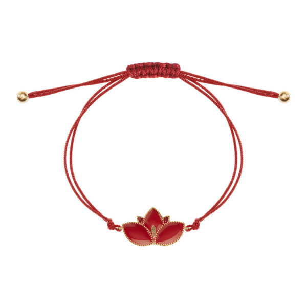 Lotus Bracelet in Gold-Plated 925 Silver with Red Enamel and Cord