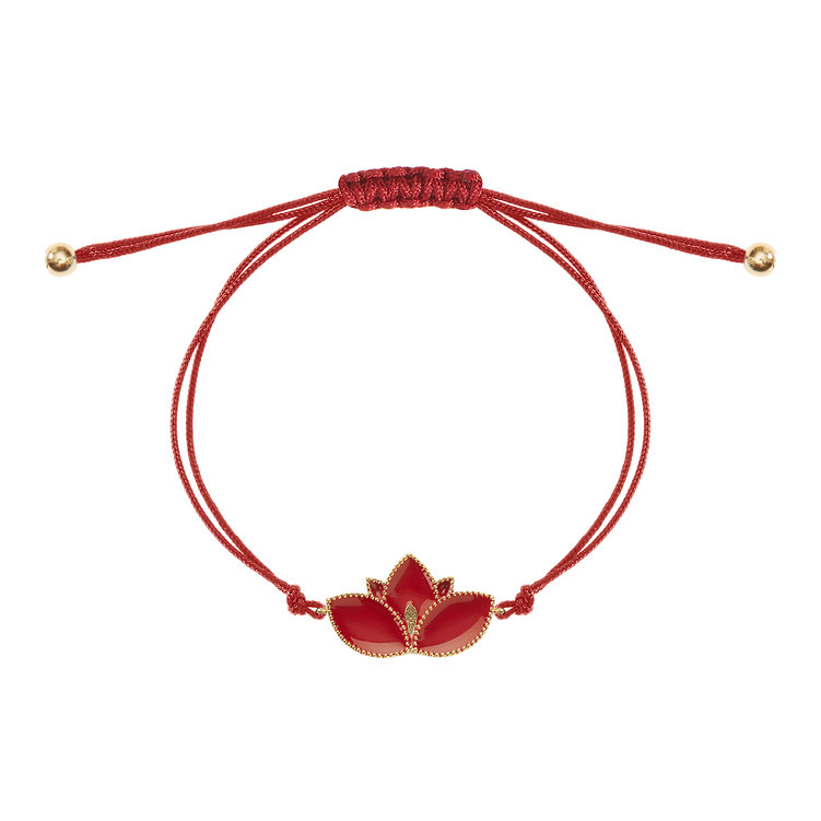 Lotus Bracelet in Gold-Plated 925 Silver with Red Enamel and Cord