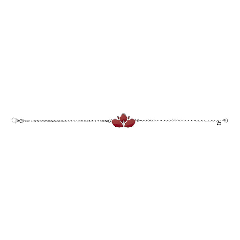Lotus Bracelet in Rhodium-Plated 925 Silver with Red Enamel and Cord - Image 2