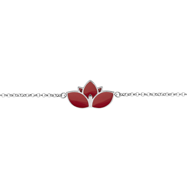 Lotus Bracelet in Rhodium-Plated 925 Silver with Red Enamel and Cord