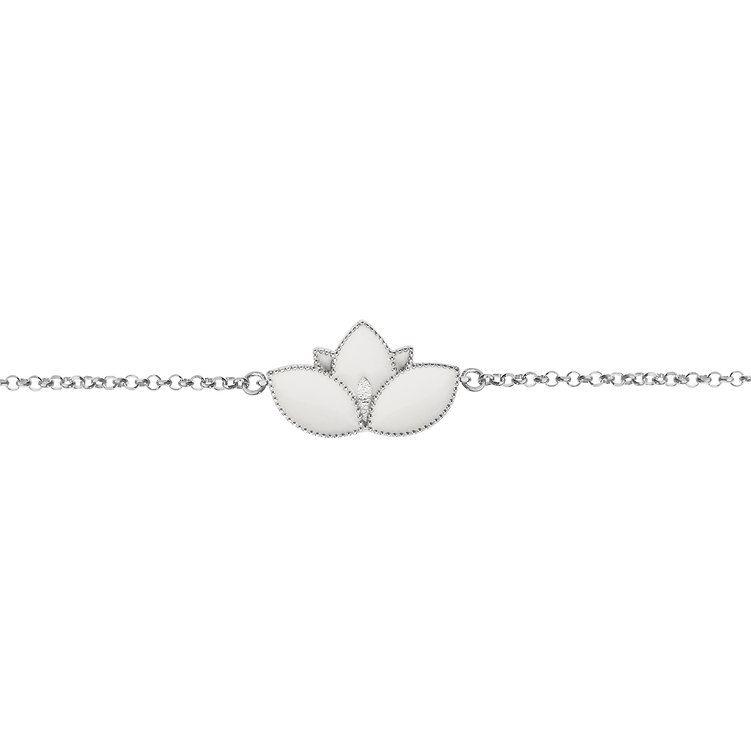 Lotus Bracelet in Rhodium-Plated 925 Silver with White Enamel and Cord