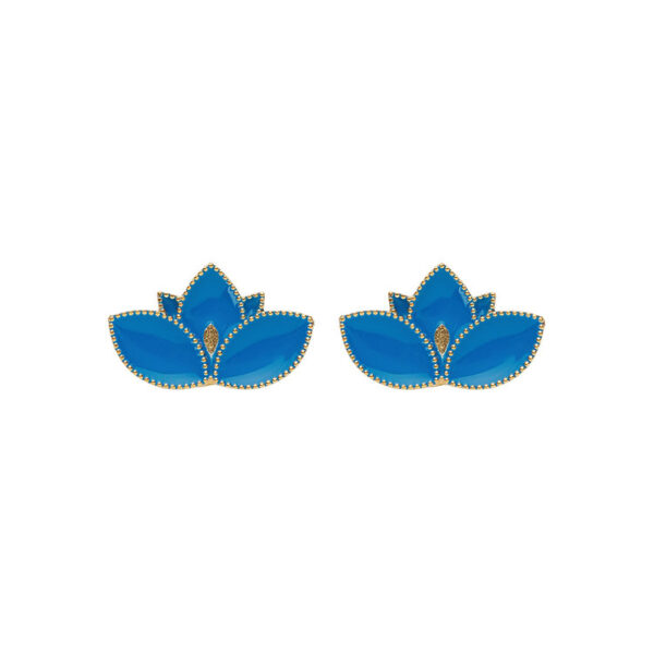 Handmade Lotus earrings crafted from 925 gold-plated silver with blue enamel.