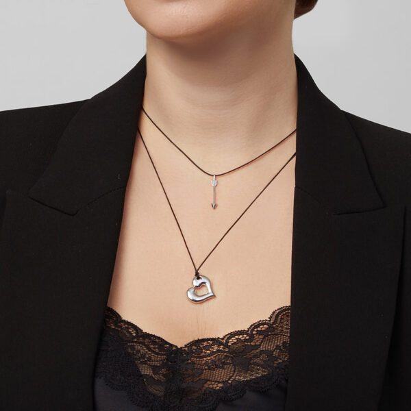 Handmade Arrow of Love unisex necklace with tag, in solid 925 silver, rhodium plated, on cord